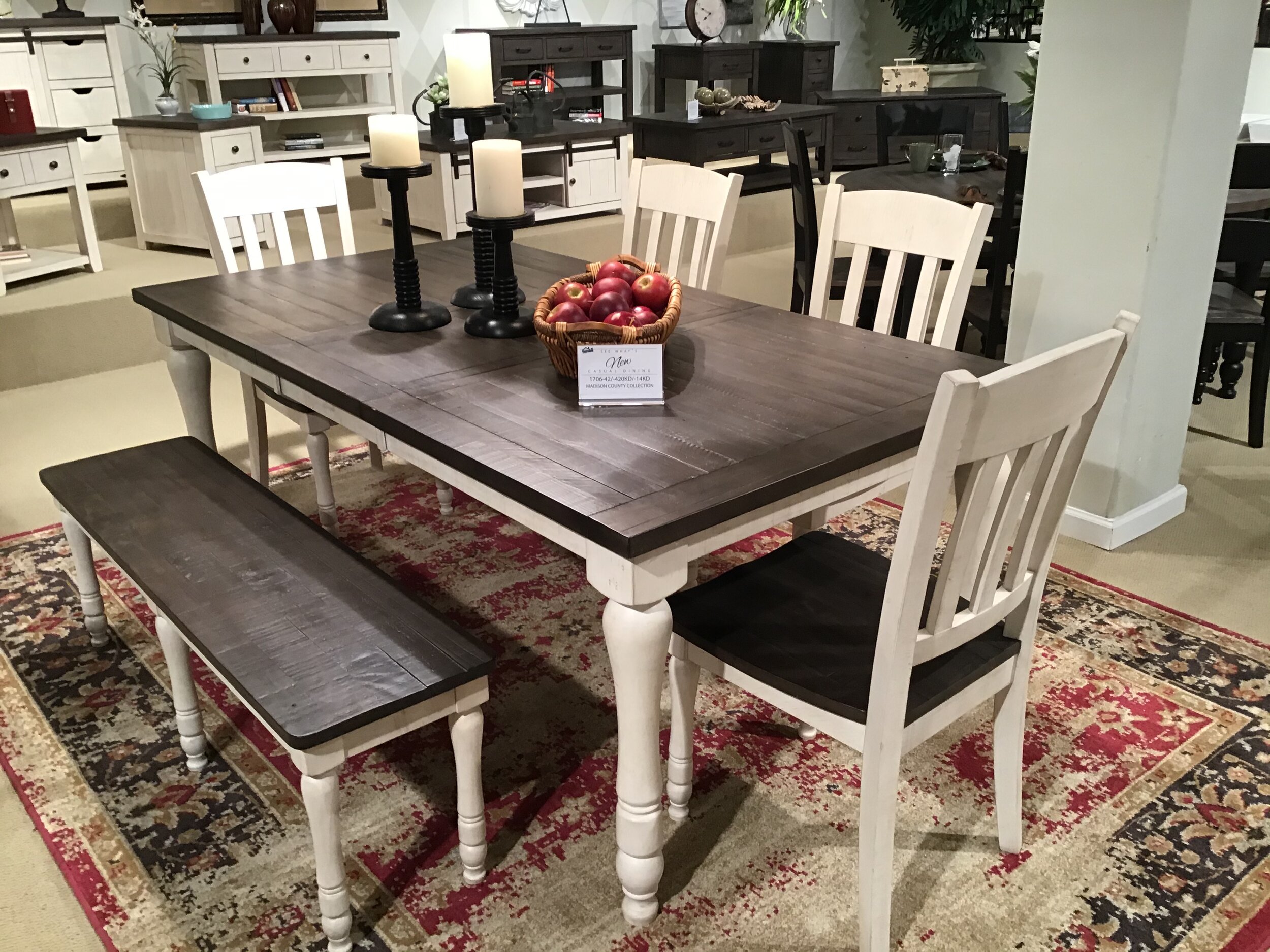 Jofran’s Madison County dining,first introduced in October 2017, is updated  with a new configuration for Premarket. The 78-inch table with extension leaf, four chairs and bench (or seven piece) is designed to retail for $999 and ships in December.