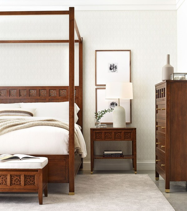 Surrey Hills Four-Poster Bed, Open Nightstand, Tall Chest, and Bench