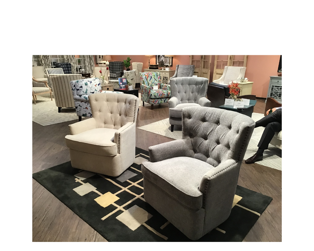 Jofran’s Bryson swivel chairs, a line extension of its best-selling stationary chairs, feature reversible seat cushions, nailhead trim and are available in two chenille fabrics. Produced in Vietnam, the chairs are available in October and are expected to retail at $399 or under.