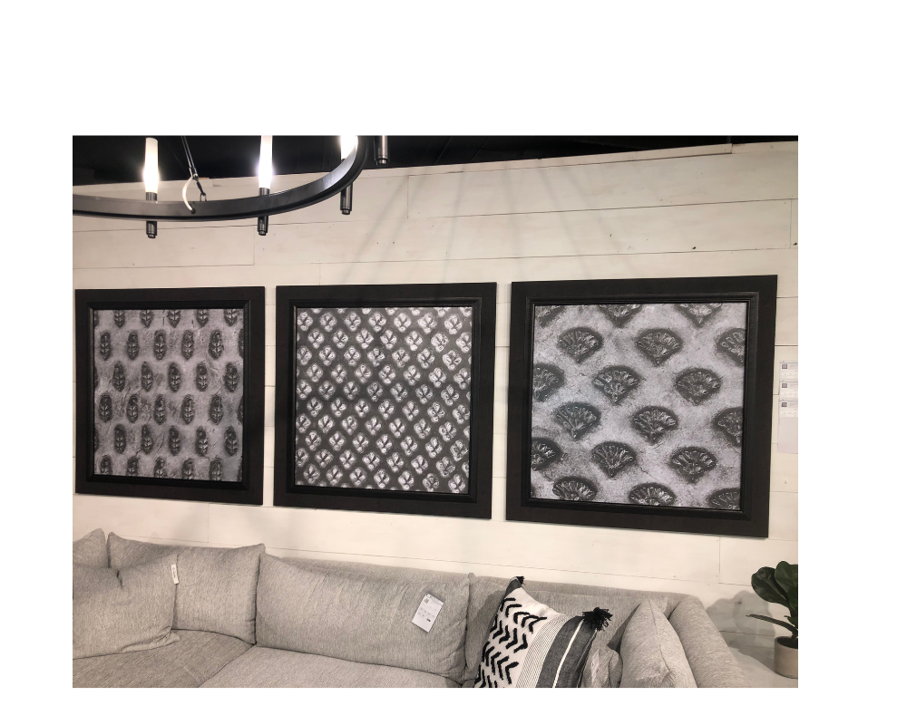 Mercana started as a wall art company and then expanded into furniture. Now the company is coordinating new wall art pieces with its new furniture pieces. Shown here are three pieces from the Ink Stamp collection. mercana.com