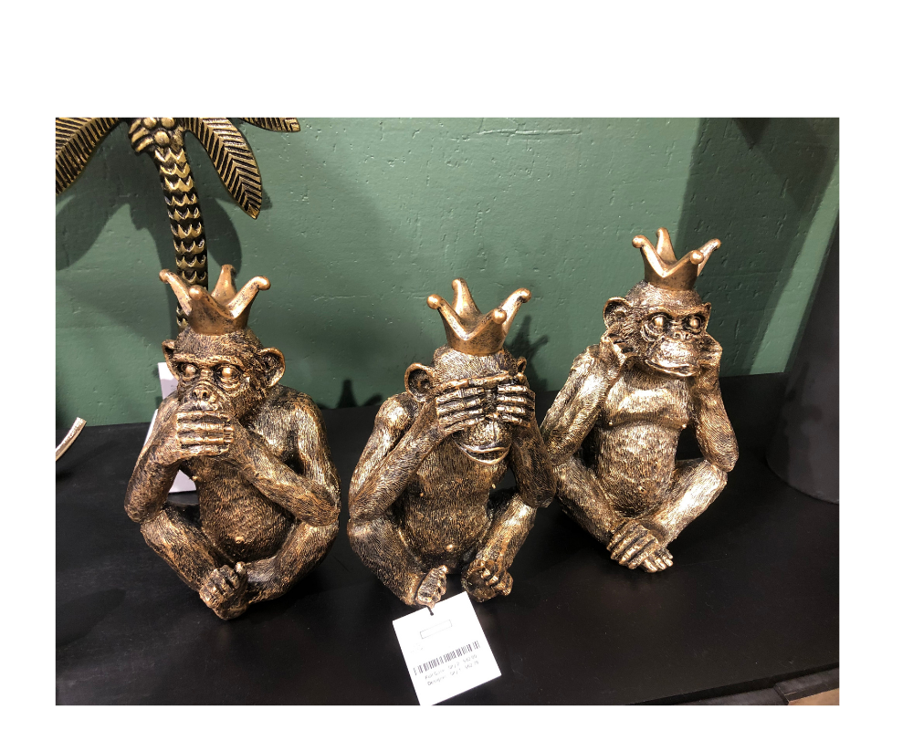 The best things come in threes, like Sagebrook's No Speak, Hear or See Monkeys with gold crowns. sagebrookhome.com