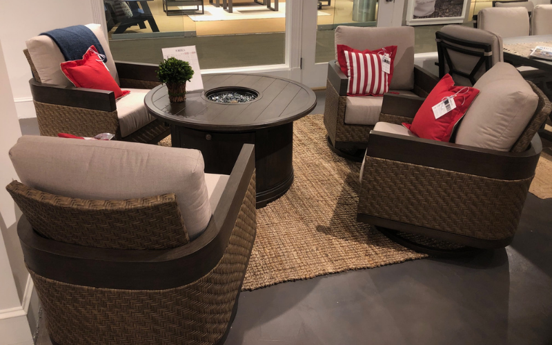 Portica by Sunvilla’s Courtyard chat set collection has a stylish herringbone weave with a unique chair back design. The line is also available as a sofa and side chair. porticaoutdoor.com