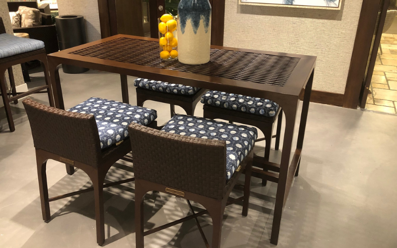 Tommy Bahama Outdoor’s Abaco collection has a transitional feel, with an aluminum trellis design on the tabletop. The table and chairs have attachments that can be removed to transform the set from bar height to counter height. lexington.com